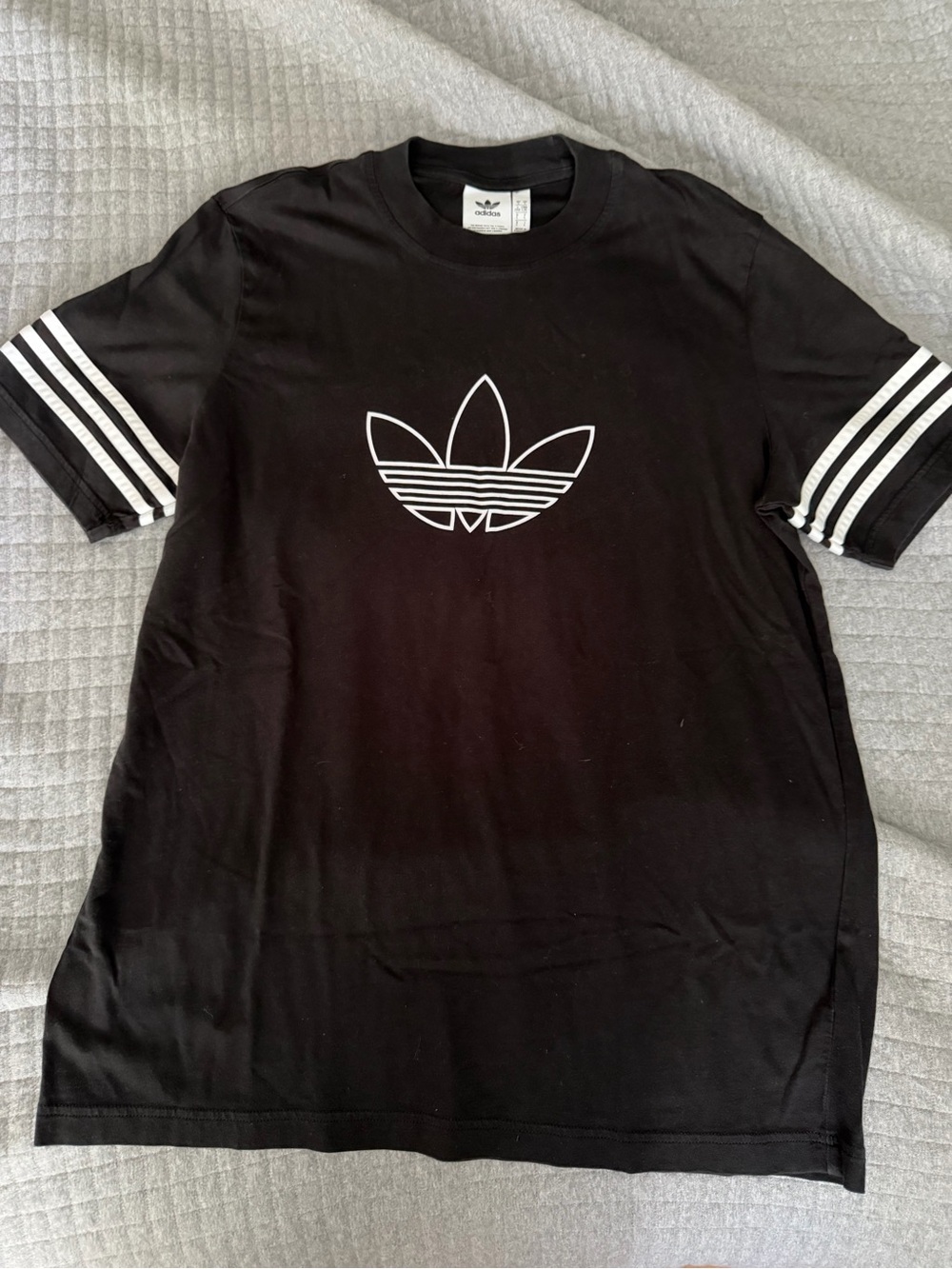 Adidas Large Black Short Sleeve Tee with White Trefoil and Sleeve Stripes
